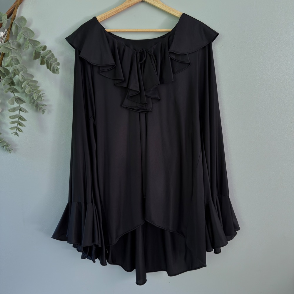 Vtg Halston Formfit Blouse Ruffle Witchy Black Gothic Vampy High Low Bell Sleeve